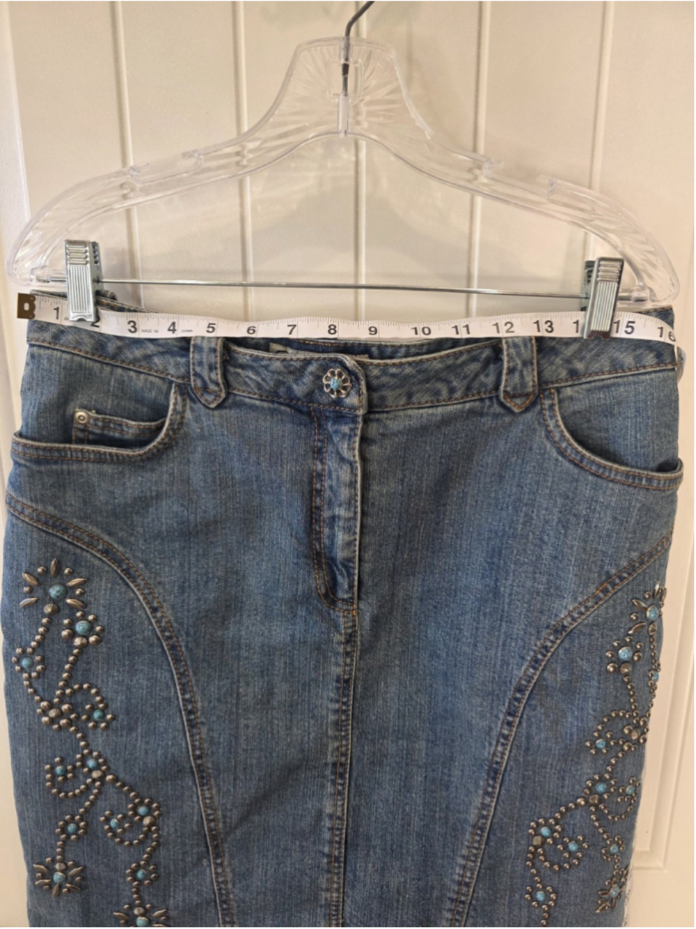 Cripple Creek Denim Western Knee Length Skirt Sz 10 Blue Studded Turquoise Embel - Picture 9 of 10